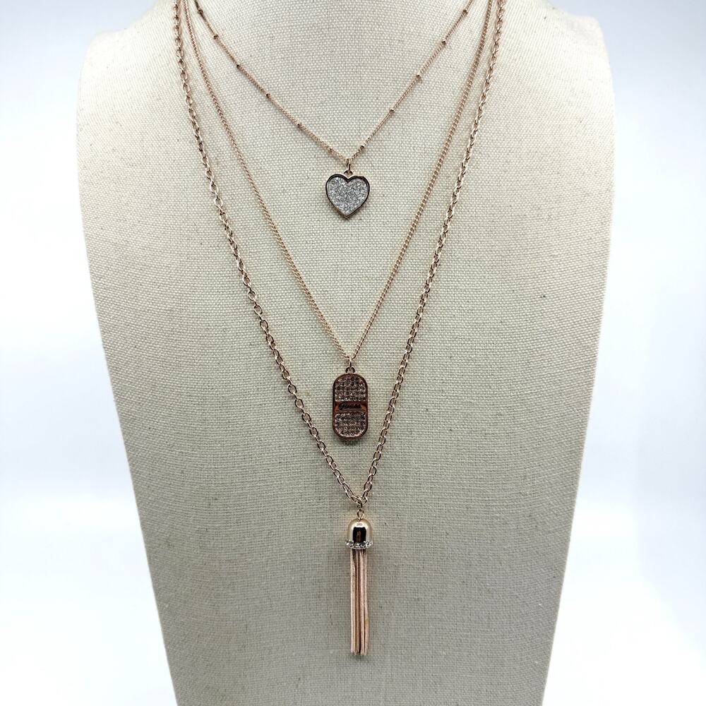 Guess Rose Gold Tone Multi-Layered Necklace Crystal Heart Tassel Pendant Gift